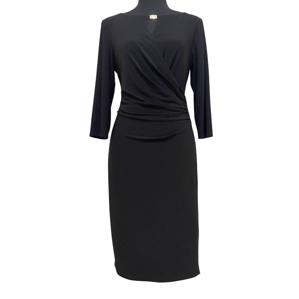 Lauren Ralph Lauren Ruched Faux Wrap Dress Sz 10 Black 3/4 Sleeve Knee Length